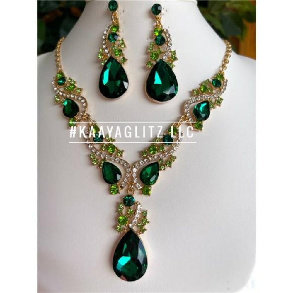 Green Necklace and Earrings Set Wedding Bridal Prom Jewelry Statement Earrings